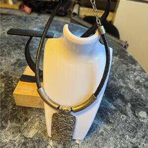 Chico’s Leather Cord Necklace with Ornate Metal Pendant - Black